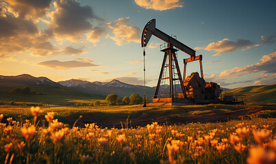 Landscape with oil pump jack on the field.