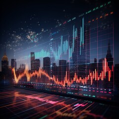 stock market hologram graphic with night city background, generative ai