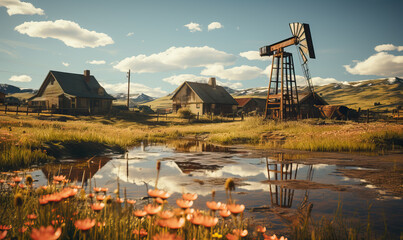 Landscape with oil pump jack on the field.