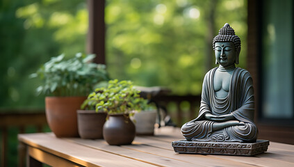 Buddha statue on the wooden table in the garden