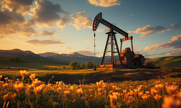 Landscape With Oil Pump Jack On The Field.