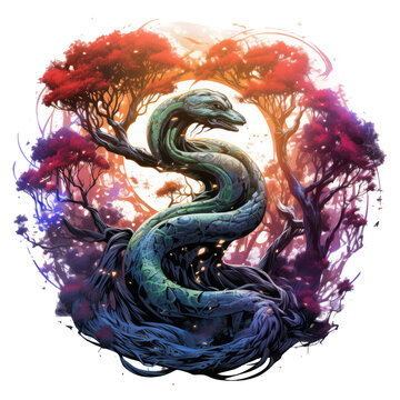 A cosmic Anaconda Tree t-shirt design, depicting a tree that weaves across the shirt, its branches adorned with galaxies and nebulae, Generative Ai