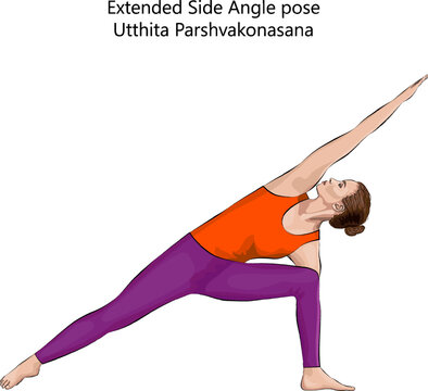 Young woman practicing yoga exercise, doing Extended Side Angle pose. Utthita Parshvakonasana. Standing and Lateral Bend. Intermediate. Isolated vector illustration.
