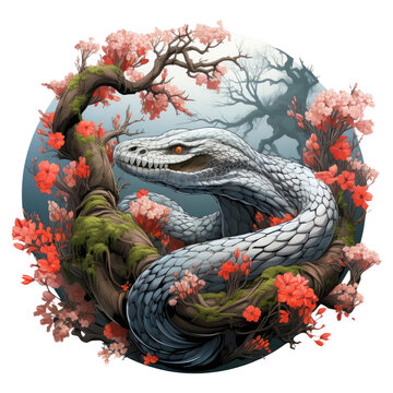A dreamlike Anaconda Tree t-shirt design, depicting a tree that dances and curls across the shirt, Generative Ai