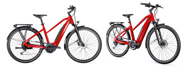 red modern mid drive motor city touring or trekking e bike pedelec with electric engine middle...