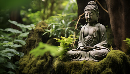 Buddha statue in the garden with green moss and tree background