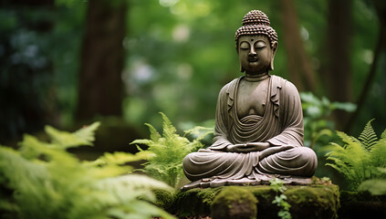 Buddha statue in the garden with ferns and moss