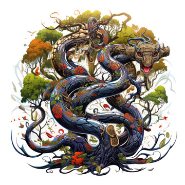 A whimsical Anaconda Tree t-shirt design, showcasing a tree that dances and curls across the shirt, its branches adorned with fantastical creatures and whimsical scenes, Generative Ai