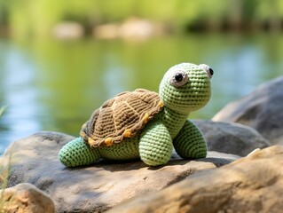 a crocheted stuffed turtle sitting on a rock