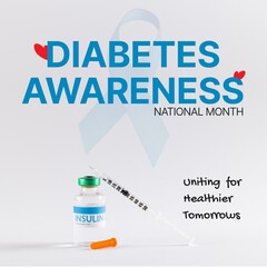Composite of national diabetes awareness month text over syringe, blue ribbon on white background