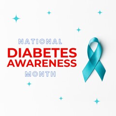 Composite of national diabetes awareness month text over blue ribbon on white background