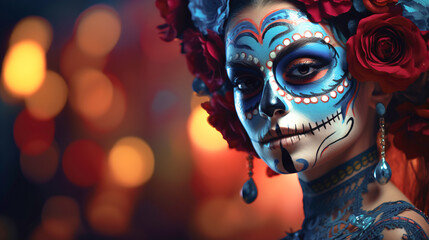 Beautiful Mexican woman with festive make-up, flowers and a skull for the day of the dead. mexican day of the dead