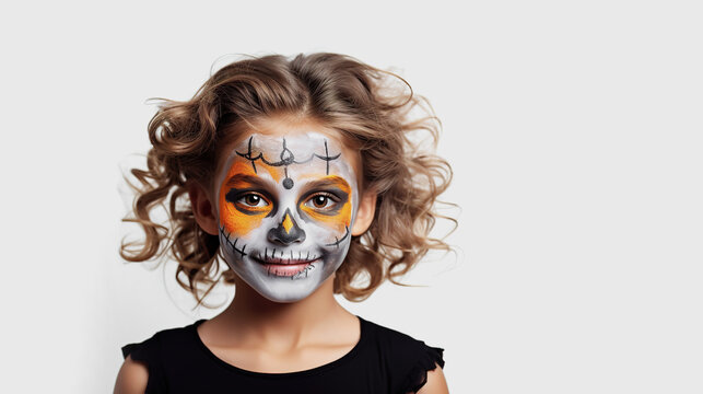 Child with Halloween make-up on a light background with space for text