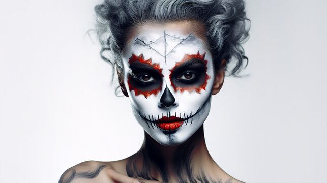 Beautiful young woman with Halloween make-up on a light background