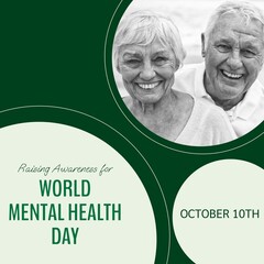 Composite of world mental health day text over smiling senior caucasian couple