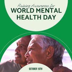 Composite of world mental health day text over smiling senior biracial couple