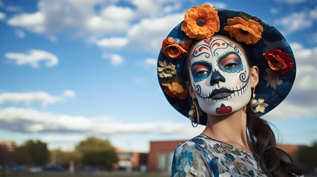Beautiful Mexican woman with festive make-up, flowers and a skull for the day of the dead. mexican day of the dead