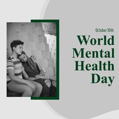 Composite of world mental health day text over sad caucasian couple