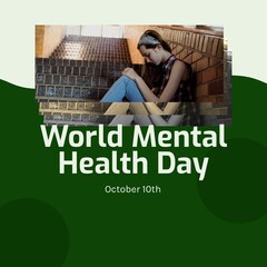 Composite of world mental health day text over sad caucasian girl