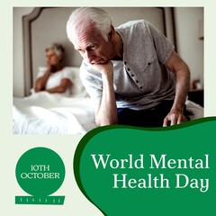 Composite of world mental health day text over sad caucasian man