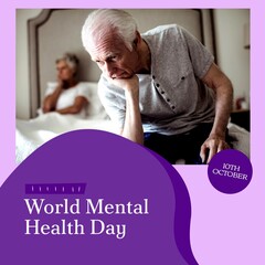 Composite of world mental health day text over sad senior caucasian man