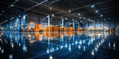 AI Generated. AI Generative. Modern large warehouse storehouse shipping transport logistic shipping cargo center. Many lights on background. Graphic Art