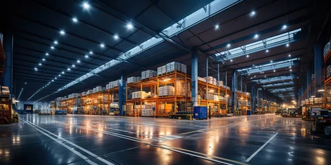 Fotobehang AI Generated. AI Generative. Modern large warehouse storehouse shipping transport logistic shipping cargo center. Many lights on background. Can be used like mock up for business © Graphic Warrior