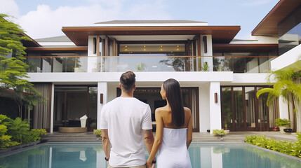 Rear view of multiracial young couple standing in front of new home. Real estate concept - Powered by Adobe