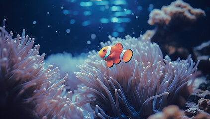 Clown anemonefish in sea anemone, underwater - obrazy, fototapety, plakaty