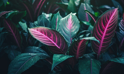 Tropical leaves in neon pink light wallpaper. Exotic foliage background. Natural textured. For postcard, book illustration. Created with generative AI tools