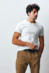 Man smile hipster background isolated t-shirt studio white emotion face portrait fashion lifestyle modern