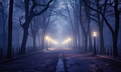 Foggy night park. Mysterious alley background. For banner, postcard, book illustration. Created with generative AI tools