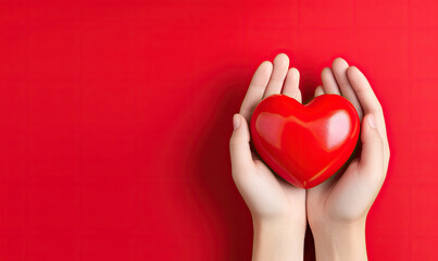 Female hands delicately holding a red heart. Donor concept. Created AI tools