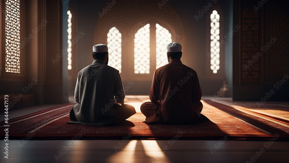 Wall mural Muslim man sitting on prayer mat in mosque