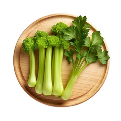 Coriander & Celery on wooden plate, platter isolated on transparent background.