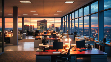 Expansive view of empty corporate offices at dusk