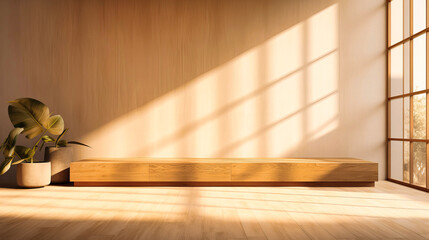 Minimalistic wooden stage bathed in natural light from large windows