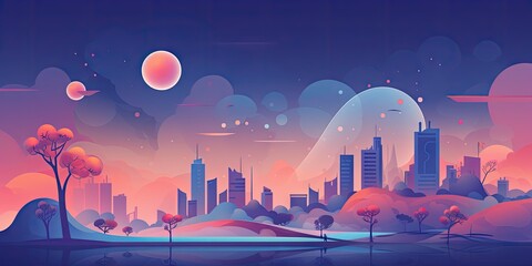  A Ecological Modern Cityscape Illustration Background - Eco Friendly City Wallpaper - Beautiful animated flat illustrated Art - Vector based Cute Animation style created with Generative AI Technology - obrazy, fototapety, plakaty