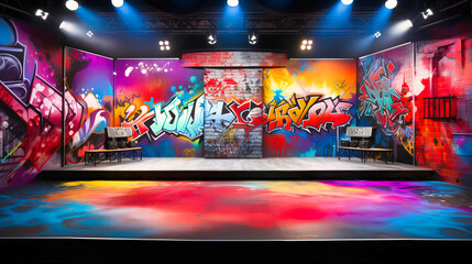 Urban-inspired stage with graffiti wall background, - obrazy, fototapety, plakaty