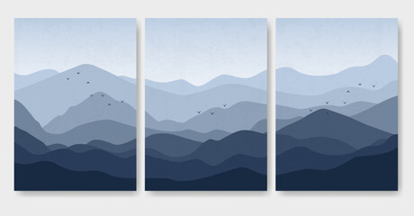 Aesthetic minimalist blue mountains with flying birds landscape posters. Japanese landscape illustration