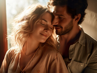 Generative AI illustration of smiling young man embracing gently beloved woman with closed eyes while standing together against bright background