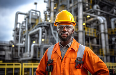 Refinery worker wearing uniform, protective eyeglasses and hard hat standing in front of the oil factory.