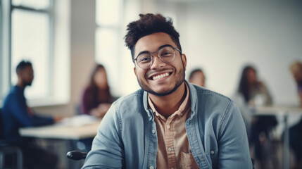 Obraz premium A happy multicultural man in a wheelchair with office colleagues. Generative AI