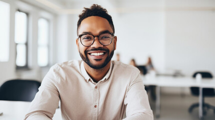 Cheerful man in a wheelchair posing in the office. Generative AI
