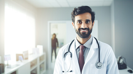 Portrait of happy friendly male Indian latin doctor medical worker wearing white coat with stethoscope standing in modern clinic.


