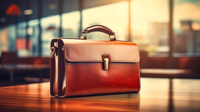 Vintage leather briefcase left on a luxurious wooden conference table