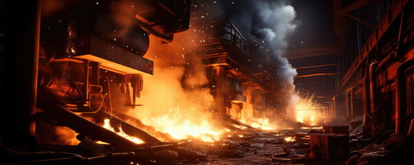 hell like heat and flames at steel mill. 