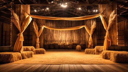 Rustic barn-inspired stage with hay and wooden beams, - obrazy, fototapety, plakaty