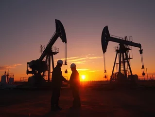 Fototapeten Silhouette of two engineers handshaking and making corporate contract outside in front of oil pump. People in helmets working in field at the oil. © Bojan