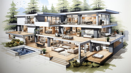 Fototapeta na wymiar Generative ai illustration of design plan for house. Architect sketch